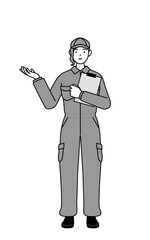 Obraz premium A mechanic woman in coveralls holding a clipboard and extending her hand