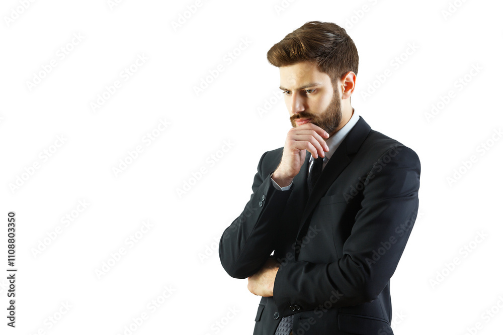 Poster a man in a formalsuit, posing thoughtfully with hand on chin, isolated on a clean white background. 