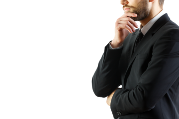 A cropped image of a man in a suit, hand on chin, appearing thoughtful, isolated on a white background. Concept of decision-making and business ideas