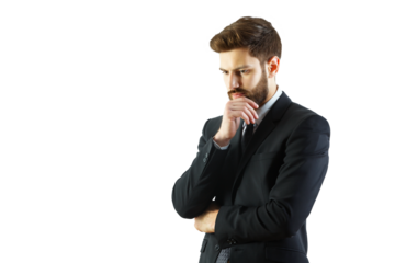A man in a formalsuit, posing thoughtfully with hand on chin, isolated on a clean white background. Concept of decision-making or contemplation