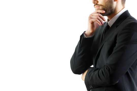 A cropped image of a man in a suit, hand on chin, appearing thoughtful, isolated on a white background. Concept of decision-making and business ideas