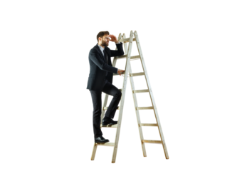 Businessman in a formal suit climbing a ladder, isolated on white background, concept of career growth, success, and ambition