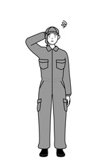 A mechanic woman in coveralls scratching her head in distress.