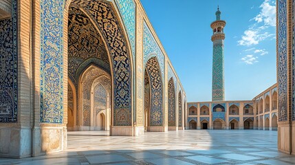Fototapeta premium A serene courtyard featuring intricate tile work and a tall minaret under a clear blue sky.