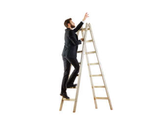 A businessman in a suit climbing a wooden ladder and reaching upward, isolated on a white background. Concept of ambition and career growth