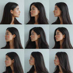 Woman in a multi-angle portrait collage. 3D character modeling reference.