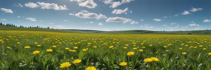 Fototapeta premium A lush green field dotted with bright yellow dandelions on a cloudless blue day, wildflowers, countryside