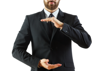 Businessman in formal suit gesturing with hands, isolated on a white background, emphasizing size or space. Concept of business communication
