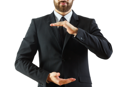Businessman in formal suit gesturing with hands, isolated on a white background, emphasizing size or space. Concept of business communication