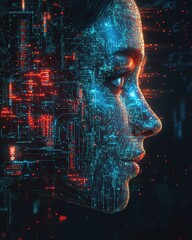human face profile composed of flowing blue code and glowing circuit patterns, set against a dark, textured background 