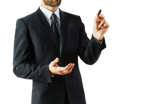 A man in a suit holding a marker, gesturing with his other hand, isolated on a white background. Concept of business, presentation, and professionalism