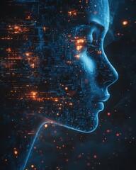 human face profile composed of flowing blue code and glowing circuit patterns, set against a dark, textured background 