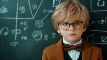 Young boy in formal attire stands in front of chalkboard filled with mathematical equations and diagrams