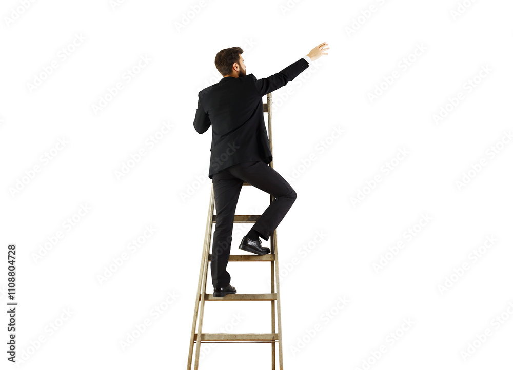 Poster man in formal attire climbing a step ladder, reaching upward, isolated on a white background. concep