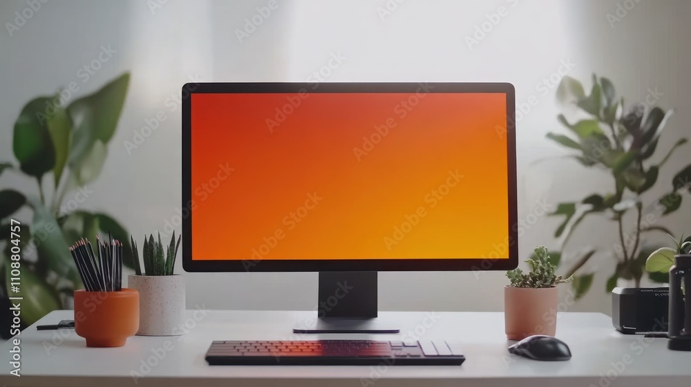 Aufkleber modern workspace with computer plants and accessories