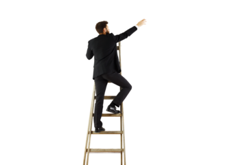 Man in formal attire climbing a step ladder, reaching upward, isolated on a white background. Concept of ambition, success, and effort