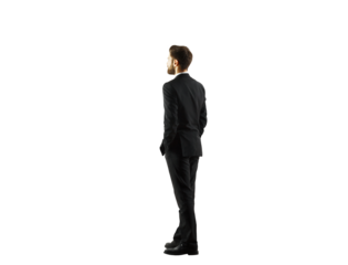 Businessman standing in a suit facing sideways, isolated on a white background. Professional attire and posture, concept of corporate style