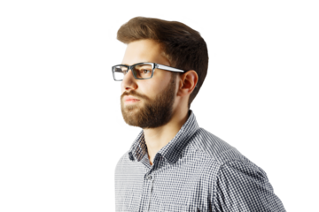 Side view of a young man with glasses and a beard in a checkered shirt, isolated on a white background. Professional and stylish concept