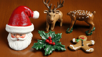 A collection of traditional Christmas elements like Santa's hat, a reindeer figurine, holly leaves, and a gingerbread man, arranged on a wooden table surface.
