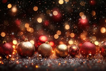 Red New Year&rsquo;s balls against a shiny golden background. Soft sides and warm shades create an atmosphere of coziness and warmth.