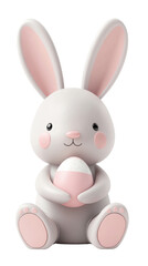 Fototapeta premium Adorable white and pink Easter bunny holding a decorated egg, perfect for holiday designs and festive themes, isolated on a transparent background.