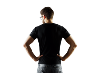 A man stands with a confident pose, back turned, wearing aT-shirt and denim jeans. Minimalist design, isolated on a white background