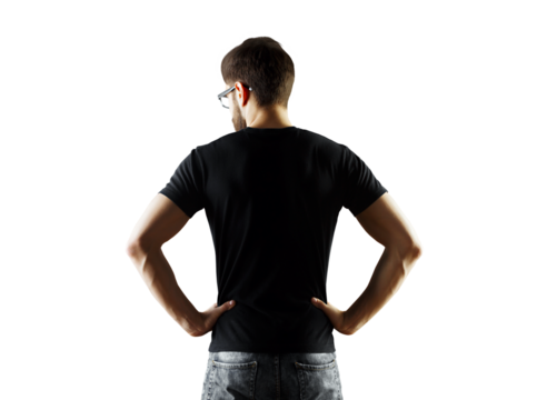A man stands with a confident pose, back turned, wearing aT-shirt and denim jeans. Minimalist design, isolated on a white background