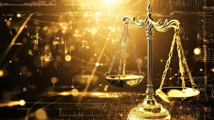 Golden scales of justice on a futuristic technology background featuring abstract digital elements, glowing blue light effects, and high-tech patterns symbolizing modern legal systems and technologica