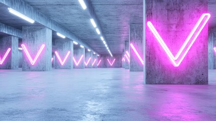Neon Pink V Checkmarks in Concrete Basement Garage