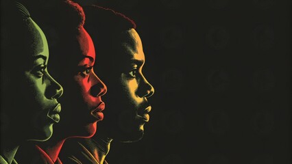 Black History Month: Profiles of African heritage people in artistic side view with colorful lighting