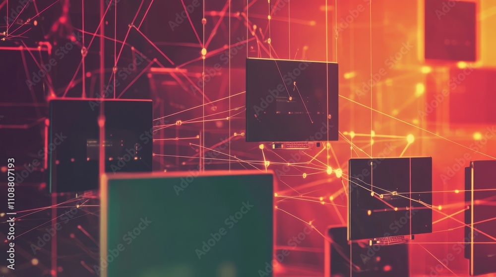 Poster abstract technology background featuring a graphic representation of multiple computers connected ov