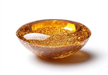 Stunning Amber Sphere with Sparkling Glittery Surface Reflecting Light in a Shiny, Curved Bowl Creating an Eye-Catching Decorative Element for Various Art Themes