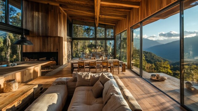 A rustic-modern wooden home with a comfortable lounge area, dining setup, and a panoramic window offering stunning natural light