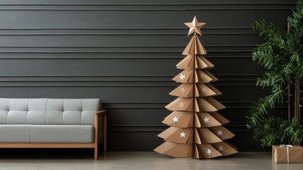 Fototapeta premium A modern living room featuring a stylish cardboard Christmas tree and a minimalist sofa against a dark wall.