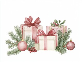 Delightful Watercolor Holiday Scene with Festive Gifts and Ornaments on Isolated White Background, Illustrating the Spirit of Giving and Celebration at Christmas, Ultra-Detailed Artwork