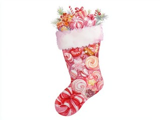 Festive Watercolor Hand-Drawn Christmas Stocking Overflowing with Holiday Treats on White Background - Ultra-Detailed Illustration