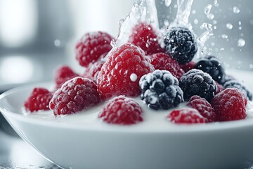 Vivid capture of raspberries and blackberries energetically splashing in a bowl with liquid, creating a lively and refreshing visual feast that's invigorating to view.