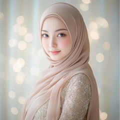 Fototapeta premium Elegant Woman Wearing a Pale Pink Hijab and Dress