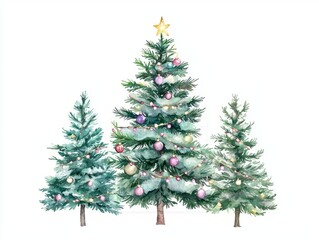 Fototapeta premium Festive Christmas Trees Watercolor Illustration with Ornaments and Lights on Isolated Background, Heartwarming Holiday Traditions Artwork