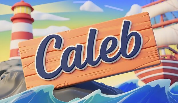 Nautical themed typography of name Caleb, waves and lighthouse