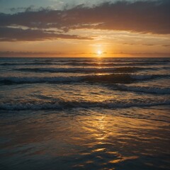 Fototapeta premium A serene sunset over a calm ocean with soft waves reflecting the golden hues.