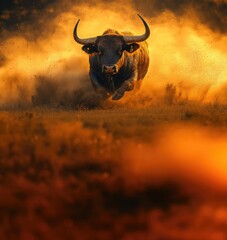 Charging bull in a cloud of dust at sunset