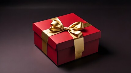 Fototapeta premium Horizontal banner with luxury designed gift box with ribbon bow isolated on dark red background with copy space. Christmas present collection from Secret Santa. Keep secret. Shush hissing hush concept