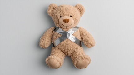 Obraz premium A soft, plush teddy bear with a silver ribbon, sitting against a light background, perfect for gifts or decorations.