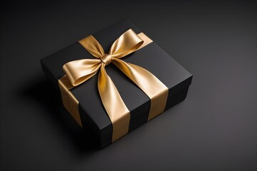 Obraz premium Horizontal banner with luxury designed black gift box with ribbon bow isolated on black background with copy space. Holiday banner, web poster, flyer, stylish brochure, greeting card, cover.