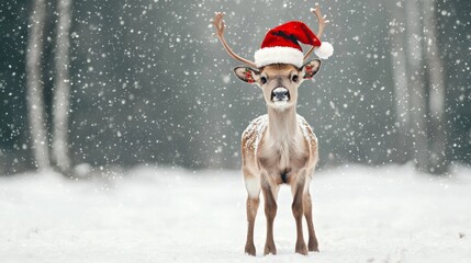 A reindeer wearing a Santa hat stands in a snowy landscape, embodying the festive spirit of winter and Christmas.