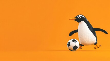 Fototapeta premium A cartoon penguin kicks a soccer ball on an orange background.