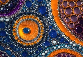 Obraz premium Vibrant Abstract Art Featuring Colorful Circular Patterns in Various Shades of Blue, Orange, Purple, and White with Glossy Textures