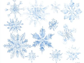 Fototapeta premium Delicate Watercolor Christmas Snowflakes with Intricate Designs on Isolated White Background