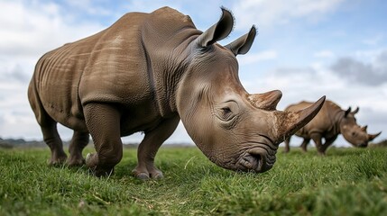 Obraz premium Majestic White Rhinos Grazing in Lush Grassland